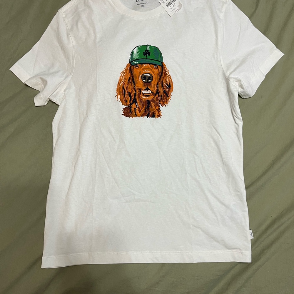 J. Crew White Tee with Brown Dog Graphic and Green Cap